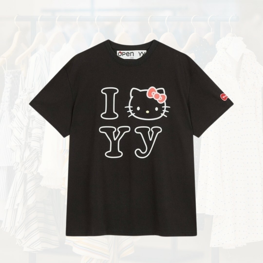 ハローキティ(ハローキティ)のOPEN yy ハローキティ　コラボ　Tシャツ　ブラック レディースのトップス(Tシャツ(半袖/袖なし))の商品写真