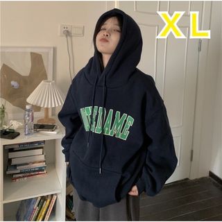 【まとめ割あり】パーカー ネイビー XL ロゴ 古着風 ゆったり カジュアル(トレーナー/スウェット)