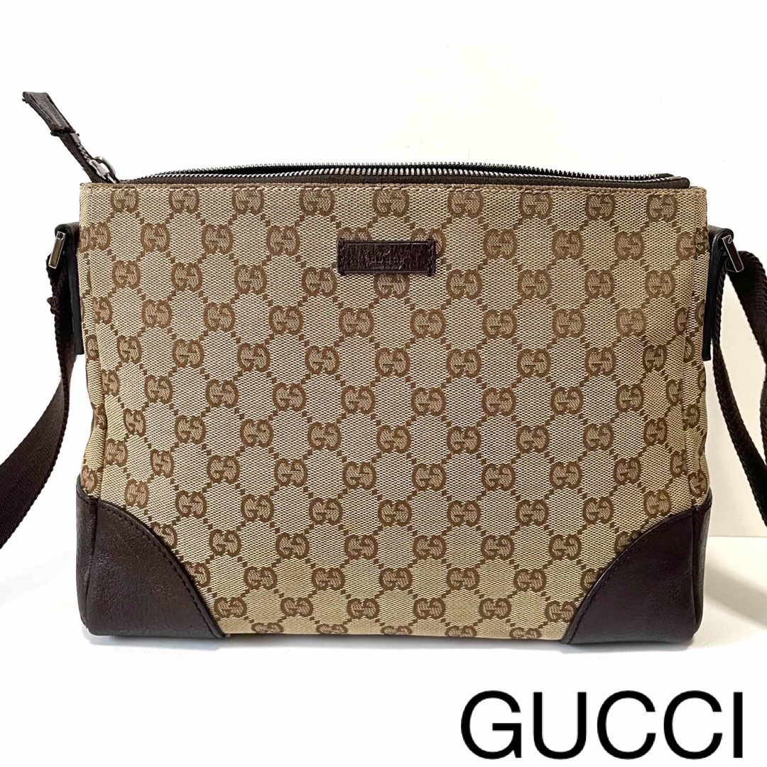 Gucci(グッチ)の【美品】GUCCI グッチ　ショルダーバッグ　GGキャンバス×レザー　ブラウン レディースのバッグ(ショルダーバッグ)の商品写真