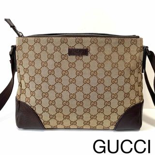 グッチ(Gucci)の【美品】GUCCI グッチ　ショルダーバッグ　GGキャンバス×レザー　ブラウン(ショルダーバッグ)