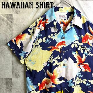 VINTAGE - 美品 Hawaiian Shirt レーヨン アロハシャツ 開襟 金魚 紺 XL