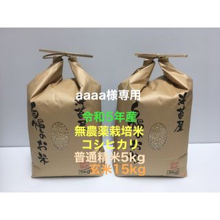 aaaa様専用 無農薬コシヒカリ普通精米5kg、玄米15kg 令和5年産(米/穀物)