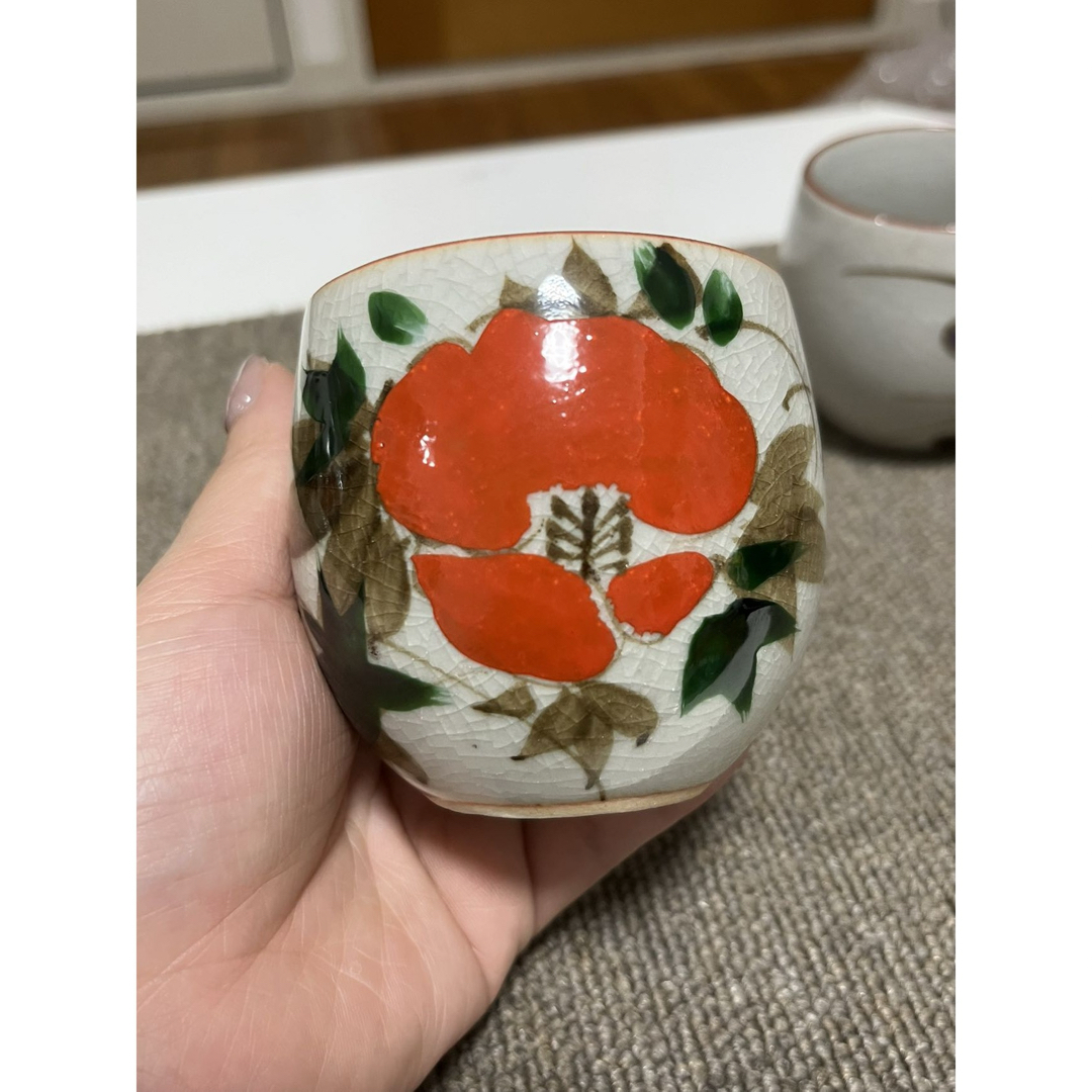 伊万里 籐ハンドル付き柿陶器急須 茶器セット 1970年代湯呑 和食器  インテリア/住まい/日用品のキッチン/食器(食器)の商品写真