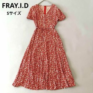 フレイアイディー(FRAY I.D)のFRAY.ID 小花柄 フレアワンピース 総柄 リボンベルト Sサイズ レッド(ロングワンピース/マキシワンピース)