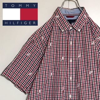 TOMMY HILFIGER - 【総柄刺繍】 トミーヒルフィガー　半袖チェックシャツ　ビッグサイズ　A1163