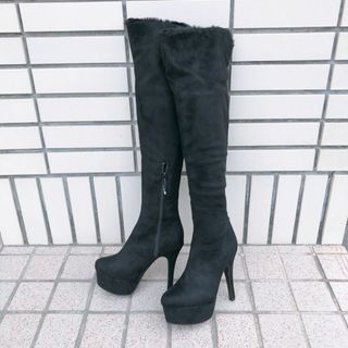 新品♡ボア使い起毛ニーハイブーツ♡スエードブラックM♡ギャルコーデ♡ロングブーツ(ブーツ)