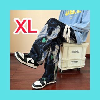 パンツ　プリントパンツ　ストレート　ワイド　韓国　オーバーサイズ　XL　黒(その他)