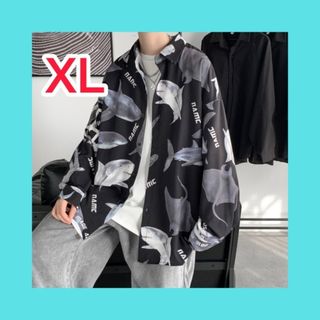 長袖　シャツ　柄シャツ　プリント　オーバーサイズ　メンズ　黒　XL(シャツ)