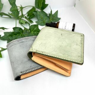 二つ折り財布　ブライドルレザー　メンズ　新品　グリーン　緑色　革　小銭入れレザー(折り財布)