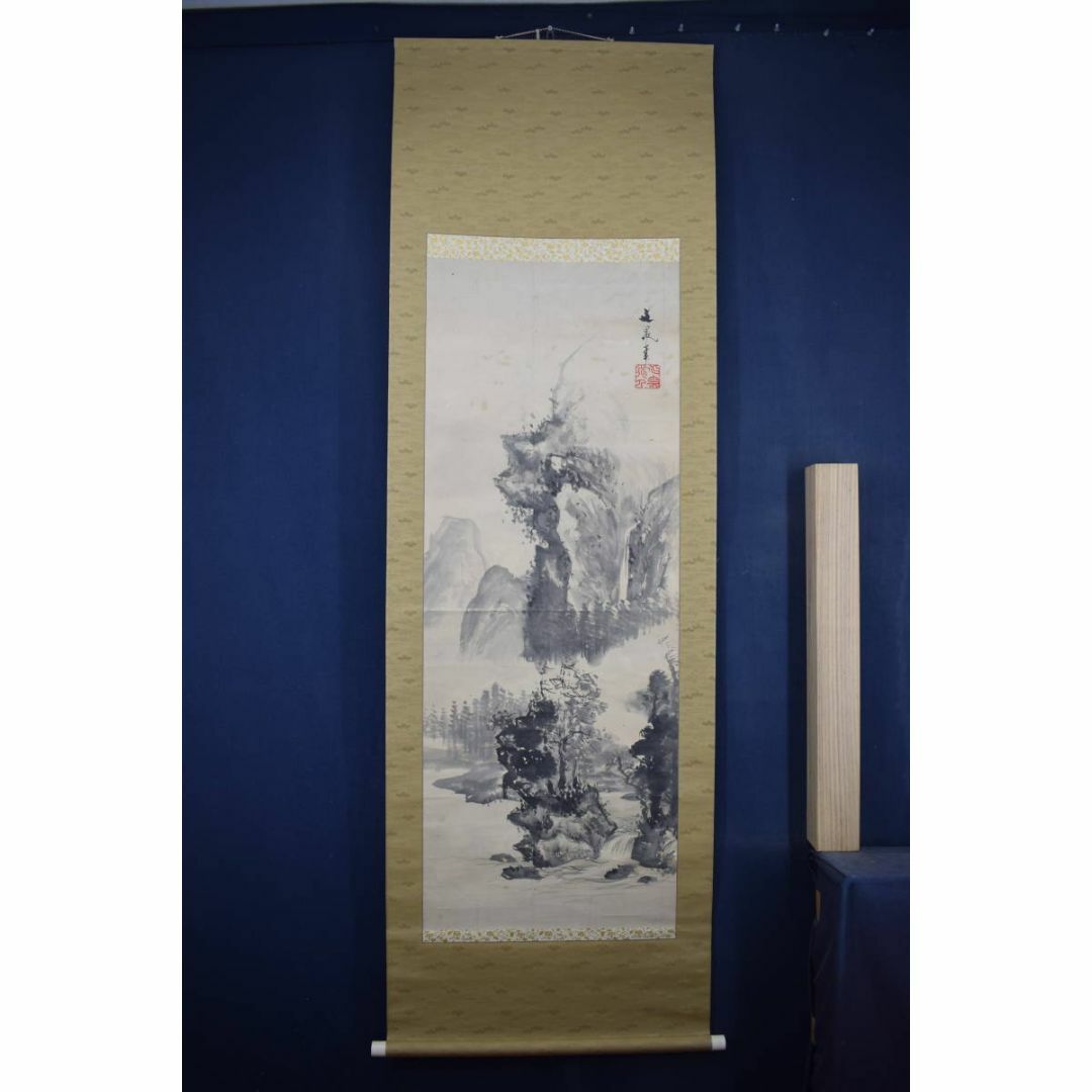真作/谷文晁/山水屋形船図/絹表装/軸先紫檀/大幅/布袋屋掛軸 - 絵画 真作/谷文晁/山水屋形船図/絹表装/軸先紫檀/大幅/布袋屋掛軸 - 絵画