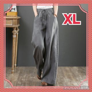 XL レディース ワイドパンツ カジュアルパンツ 綿 麻 体型カバー グレー 春(カジュアルパンツ)