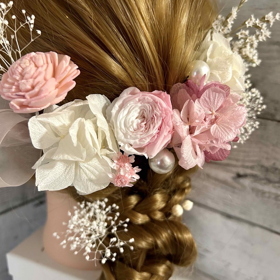 髪飾りウェディング成人式ヘッドドレス花飾りバラ薔薇ドライフラワー♡ヘアパーツ レディースのヘアアクセサリー(ヘアピン)の商品写真