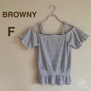 ブラウニー(BROWNY)のブラウニー レディース カットソー ストライプ ペプラム オフショルダー 黒 白(Tシャツ/カットソー(半袖/袖なし))