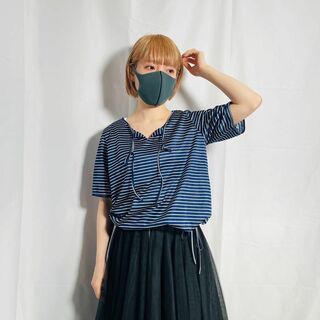 日本製 美品 ストラップ バスクシャツ ボーダー ブルー オールド ヴィンテージ(カットソー(半袖/袖なし))