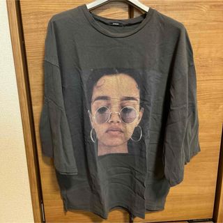 レディース　Tシャツ　ビックプリント　海外古着　グレー　7分丈