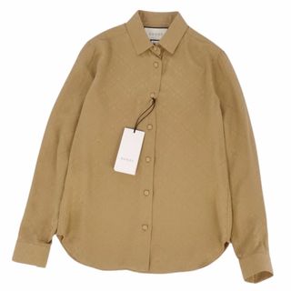 グッチ(Gucci)の極美品 グッチ GUCCI シャツ ブラウス ロングスリーブ 長袖 チェックGG 総柄 シルク トップス レディース 36 ブラウン(シャツ/ブラウス(長袖/七分))