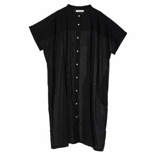 グリーンパークス(green parks)の【ブラック】インド綿 パイピングバンドカラーシャツチュニック 24SS/体型カバー/半袖/綿100%/ブラウス(ミニワンピース)