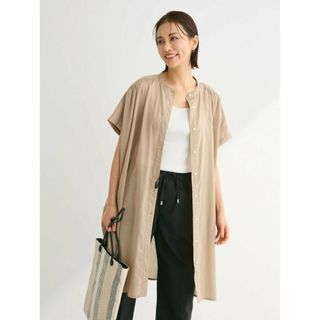 グリーンパークス(green parks)の【ベージュ】インド綿 パイピングバンドカラーシャツチュニック 24SS/体型カバー/半袖/綿100%/ブラウス(ミニワンピース)