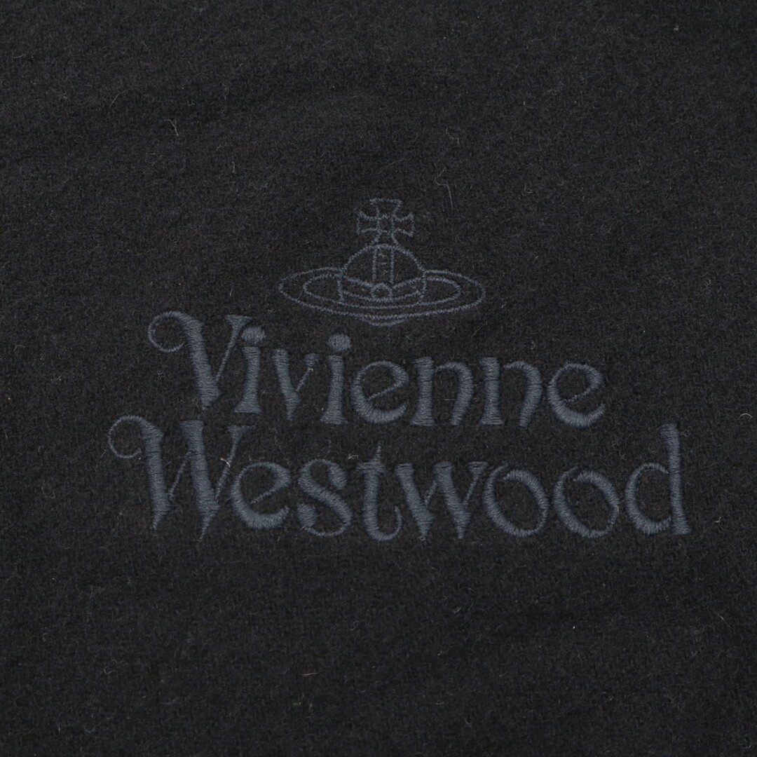 Vivienne Westwood(ヴィヴィアンウエストウッド)の美品 ヴィヴィアン ウエストウッド タグ付 マフラー 刺繍 ロゴ オーヴ フリンジ ウール ブラック 黒 ストール レディース EEM Z1-9 レディースのファッション小物(マフラー/ショール)の商品写真