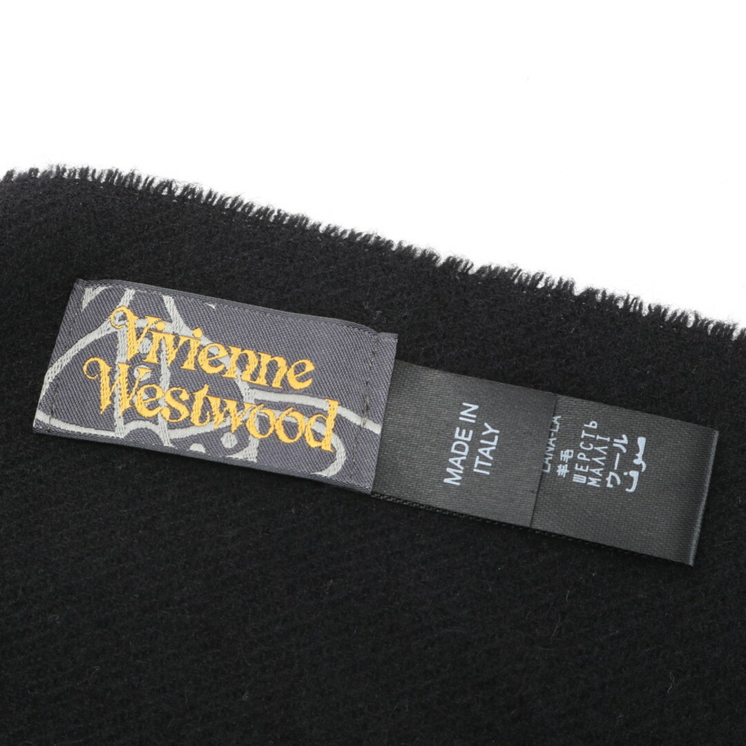 Vivienne Westwood(ヴィヴィアンウエストウッド)の美品 ヴィヴィアン ウエストウッド タグ付 マフラー 刺繍 ロゴ オーヴ フリンジ ウール ブラック 黒 ストール レディース EEM Z1-9 レディースのファッション小物(マフラー/ショール)の商品写真