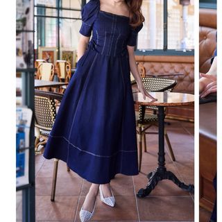 ハーリップトゥ(Her lip to)の新品！綺麗めデニムワンピ👒Eze Puff-Sleeve Denim Dress(ロングワンピース/マキシワンピース)