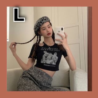 Tシャツ 黒 L 半袖 韓国 クロップド へそ出し ストリート フロントプリント(Tシャツ(半袖/袖なし))