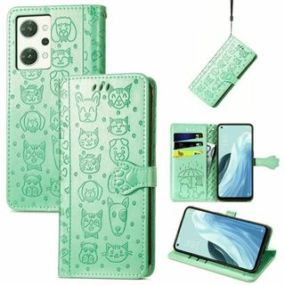 OPPO Reno 7A 9A 通用　手帳型ケース　耐衝撃　ねこ　愛犬　緑色(Androidケース)