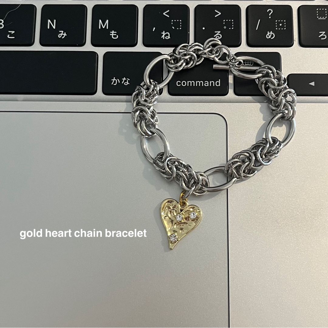 gold heart chain bracelet チェーンブレスレット ハンドメイドのアクセサリー(ブレスレット/バングル)の商品写真