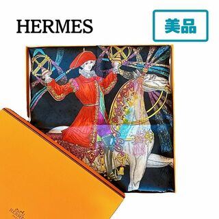 エルメス(Hermes)のHERMES　エルメス　カレ90 スカーフ　大判　技巧の炎　黒　騎士　ブランド(バンダナ/スカーフ)