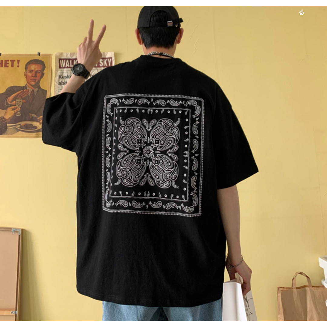 ビッグシルエット ペイズリー 半袖 Tシャツ ストリート ブラック メンズのトップス(Tシャツ/カットソー(半袖/袖なし))の商品写真
