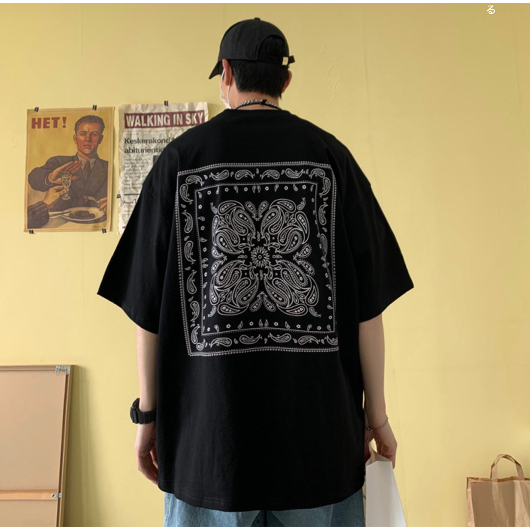 ビッグシルエット ペイズリー 半袖 Tシャツ ストリート ブラック メンズのトップス(Tシャツ/カットソー(半袖/袖なし))の商品写真