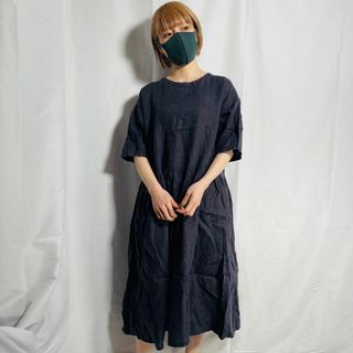 ヴィンテージ(VINTAGE)のOkapistore オカピストア リネン半袖ワンピース 麻 グレー(その他)