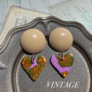 サイケ 花柄 レトロ ポリマークレイ ハート vintage レトロピアス(ピアス)