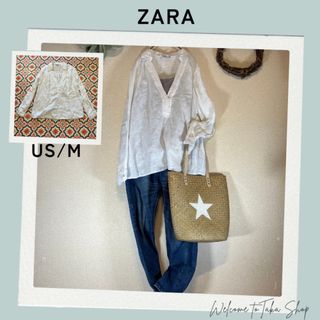 美品》ザラ　ZARA　リネン　麻　Vネックチュニック　プルオーバー　白　ホワイト