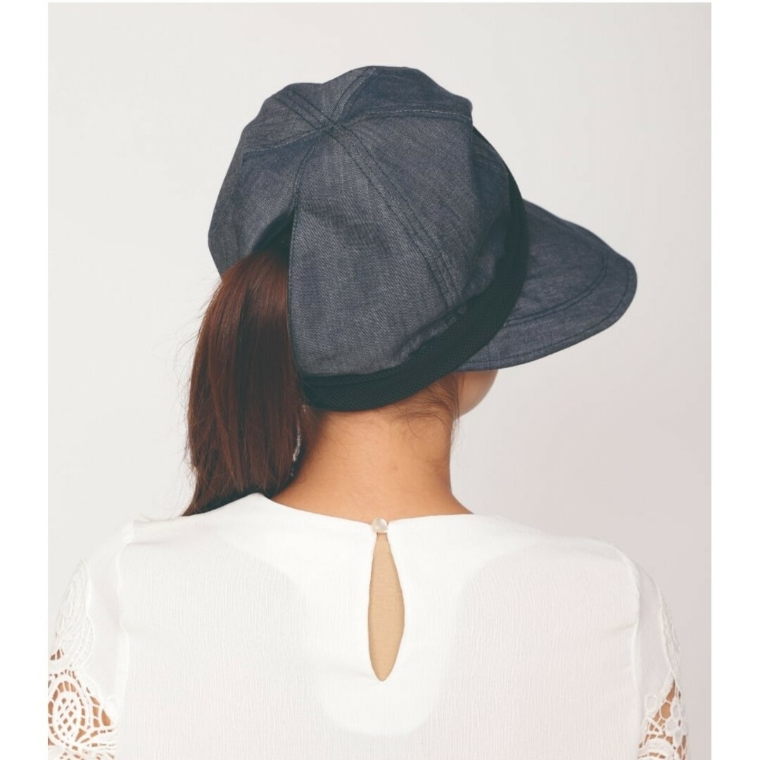 小顔に見えるデニムクロッシェ帽子ブルー レディースの帽子(キャップ)の商品写真