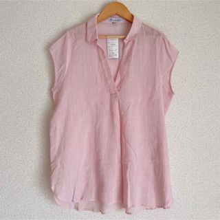 ★ 大きいサイズ新品　オープンネック透け感カットソー　チュニック丈　LLサイズ★(カットソー(半袖/袖なし))