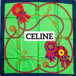 セリーヌ(celine)の美品★CELINE★ スカーフ 大判 リボン ロープ チェーン シルク グリーン(バンダナ/スカーフ)