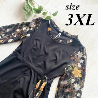 3XL 大きいサイズ ワンピース ドレス 異素材ワンピース 花柄 結婚式 シック(ロングワンピース/マキシワンピース)