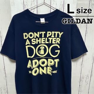 ギルタン(GILDAN)のUSA古着　GILDAN　Tシャツ　L　ネイビー　プリント　ドッグ　犬　コットン(Tシャツ/カットソー(半袖/袖なし))