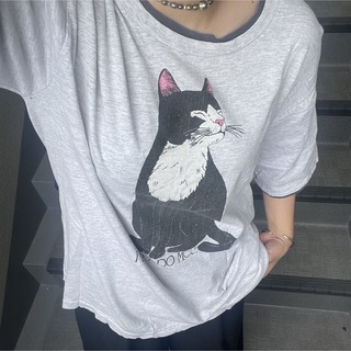 90s USA製 tシャツ レイヤード古着 リンガー ネコ 猫 キャットグレーL(Tシャツ/カットソー(半袖/袖なし))