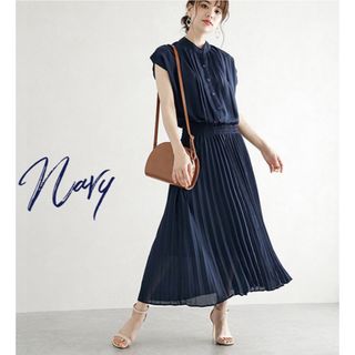 レディースワンピース　XL ネイビー　ノーカラー　フレンチ　プリーツ　ロング夏服(ロングワンピース/マキシワンピース)