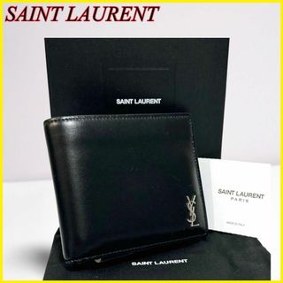 Saint Laurent - 【極美品】サンローラン 二つ折り財布 YSL ロゴ金具 カーフレザー 黒 箱 袋