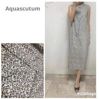 アクアスキュータム(AQUA SCUTUM)のまぁ美品アクアスキュータムスタンド襟小花柄シャツロングワンピース10 ブルー系(ロングワンピース/マキシワンピース)