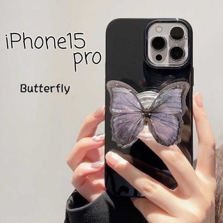 【お洒落】スマホケース  アイフォン 新型 15Pro アゲハ蝶 スマホスタンド(iPhoneケース)