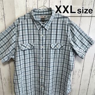 シャツ(shirts)のUSA古着　半袖シャツ　2X　チェック柄　ブルー　水色　ダブルポケット　モーダル(シャツ)