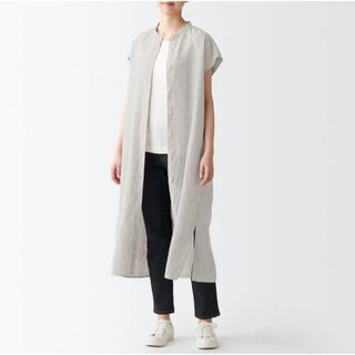 MUJI (無印良品) - 無印　フレンチスリーブ　ロングワンピース　リネン100% ストライプ　グレー系