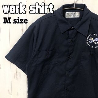 海外輸入 ワークシャツ 半袖 刺繍ロゴ 紺色 ネイビー 半袖シャツ M 古着(シャツ)