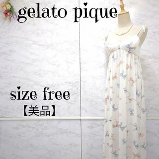 ジェラートピケ(gelato pique)の【美品】ジェラートピケ　カップインキャミマキシワンピース　リボン柄　ルームウェア(ルームウェア)