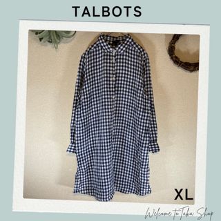 タルボット(TALBOTS)のタルボット　TALBOTS　ギンガムチェック紺白　リネン麻チュニックブラウスXL(シャツ/ブラウス(長袖/七分))