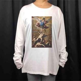 新品 スーパーマン エンジェル 天使 ルネサンス 宗教画 パロディ ロンT(Tシャツ/カットソー(七分/長袖))
